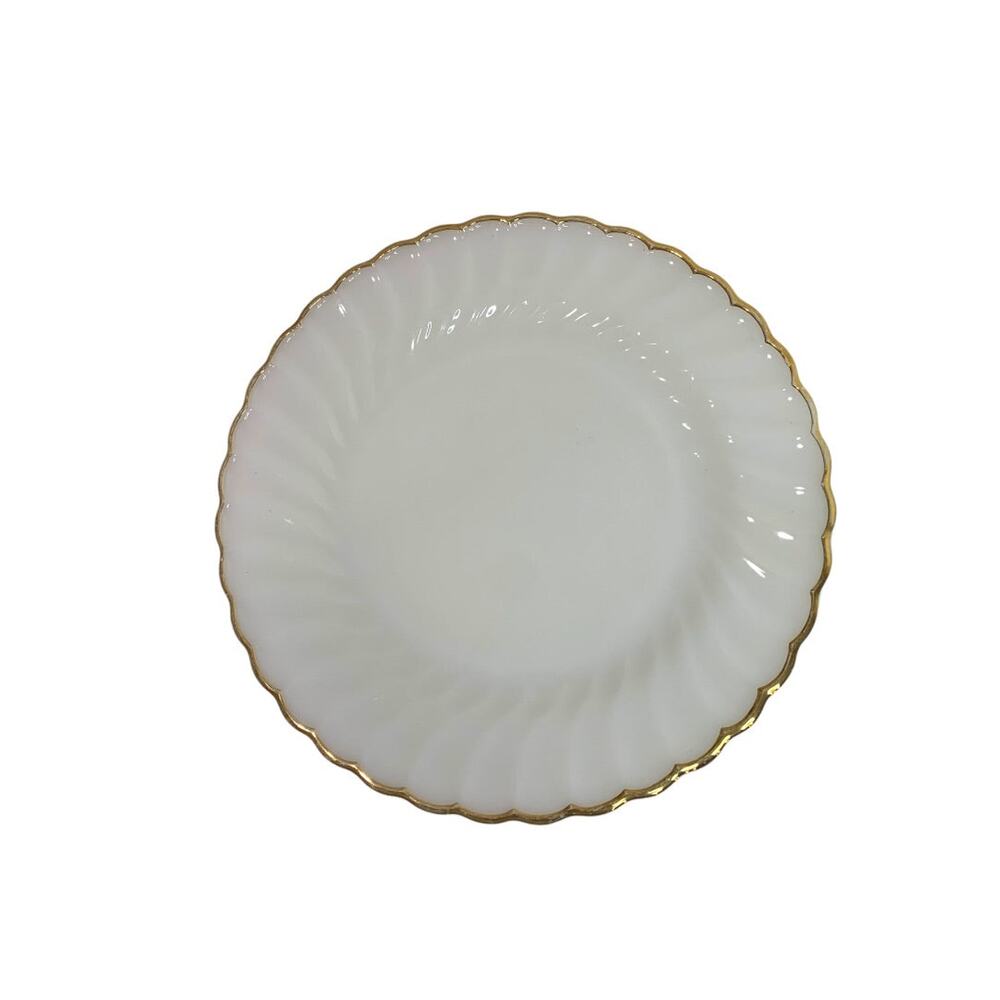 Vintage Anchor Hocking White Swirl Dinner Plate Gold Trim‎ 10 Inch